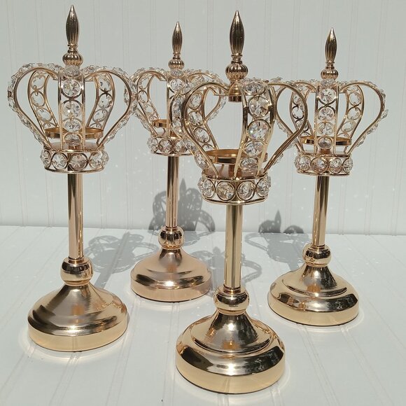 SET OF 4 Gold Crown Crystal Candle Holders Candlesticks 14in Tealight Holders - Picture 1 of 16